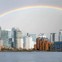 Buy canvas prints of Rainbow over Canary Wharf by Robert Deering