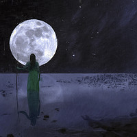 Buy canvas prints of Girl in Lake against the moon by Robert Deering