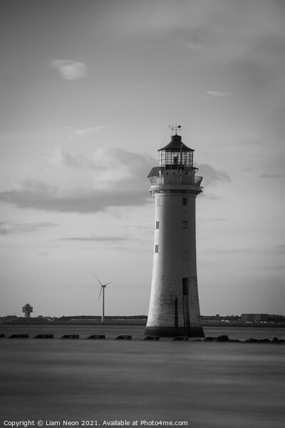 High Tide New Brighton Lighthouse Monochrome Picture Board by Liam Neon