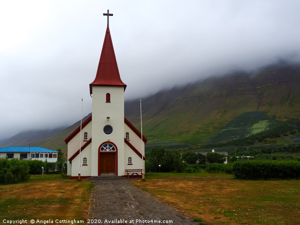 Icelandic Church in the Mist Picture Board by Angela Cottingham