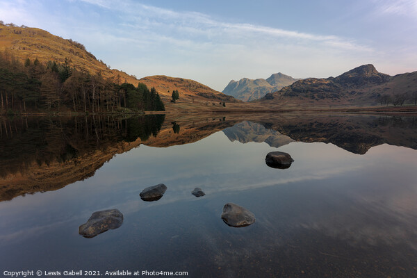Reflections of Langdale Pikes from Blea Tarn, Lake Picture Board by Lewis Gabell