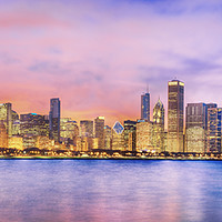 Buy canvas prints of Panoramic image of Chicago skyline at dusk by conceptual images