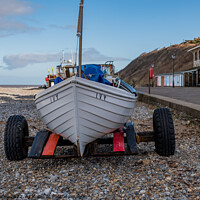 Buy canvas prints of Front on view of fishing boat on Cromer beach, North Norfolk Coast by Chris Yaxley