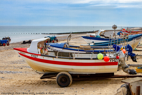 Crab fishing boats on Cromer beach Picture Board by Chris Yaxley