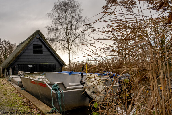 Boats outside the boat shed at How Hill staithe, Norfolk Broads Picture Board by Chris Yaxley