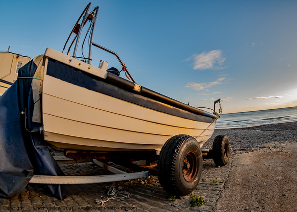Fisheye view of crab fishing boat on Cromer beach Picture Board by Chris Yaxley