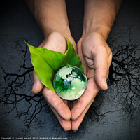 Buy canvas prints of Human hands holding a green globe of planet Earth on green leave by Laurent Renault