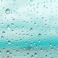 Buy canvas prints of Drops on a window glass with blurry blue background by Laurent Renault