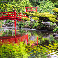 Buy canvas prints of Beautiful japanese garden and red bridge by Laurent Renault