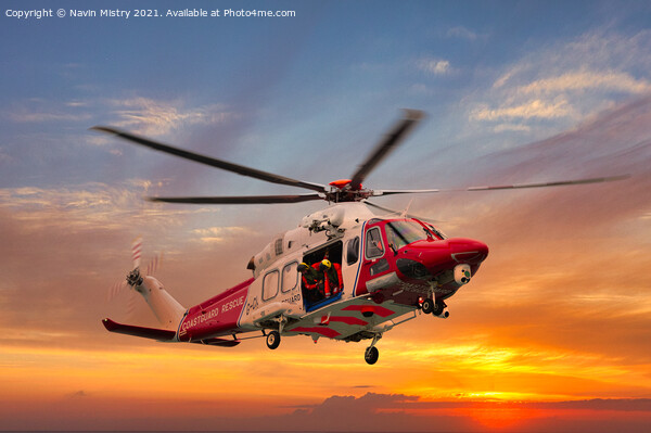 AgustaWestland Coastguard Helicopter at Sunset Picture Board by Navin Mistry