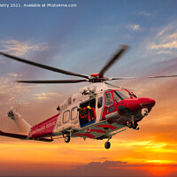 Buy canvas prints of AgustaWestland AW189 Coastguard Helicopter at Sunset by Navin Mistry