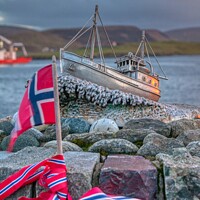 Buy canvas prints of The Shetland Bus Memorial, Scalloway, Shetland Isles by Navin Mistry
