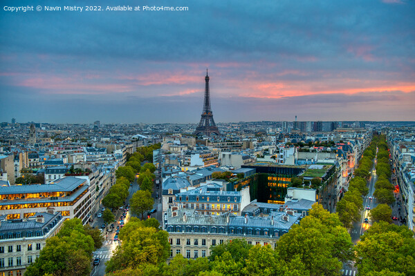 Paris skyline at dusk looking towards the Eiffel T Picture Board by Navin Mistry