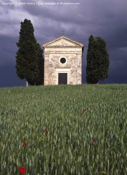 Capella di Vitaleta Tuscan chapel Val D Orcia in a summer thunder storm Picture Board by Navin Mistry