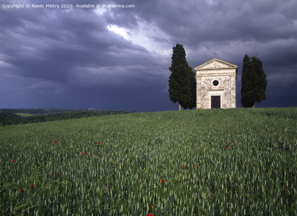 Capella di Vitaleta Tuscan chapel Val D Orcia in a summer thunder storm Picture Board by Navin Mistry
