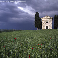 Buy canvas prints of Capella di Vitaleta Tuscan chapel Val D Orcia in a summer thunder storm by Navin Mistry