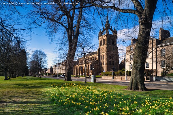 The South Inch, and the St Leonard’s in the Fields Church, Perth, Scotland seen with spring flowers Picture Board by Navin Mistry