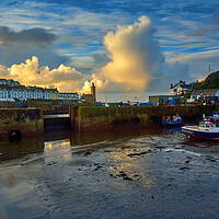 Buy canvas prints of Fishing boats in Porthleven Harbour at sunrise by Gordon Maclaren