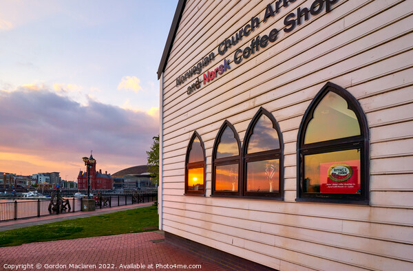 Cardiff Bay Sunset reflected in the Norwegian Church Picture Board by Gordon Maclaren