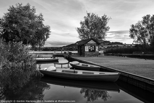Boats moored in Llangorse Lake, Monochrome Picture Board by Gordon Maclaren