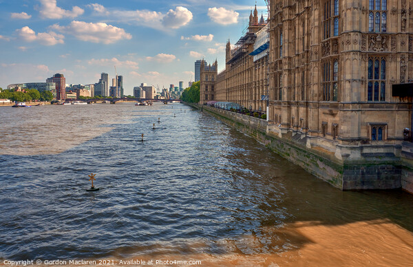 The River Thames London flowing past the Palace of Westminster Picture Board by Gordon Maclaren