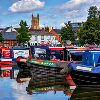 Buy canvas prints of Canal Boats on Worcester Canal  with Worcester Cathedral in the background by Gordon Maclaren