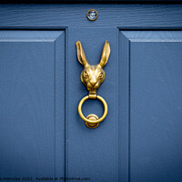 Buy canvas prints of Blue wooden front door with bronze rabbit head door knocker by Christina Hemsley