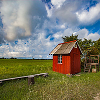 Buy canvas prints of Small wooden red house in field or meadow and beau by Alexey Rezvykh
