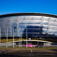 Buy canvas prints of Glasgow cityscape. SSE Hydro and a pink car. by Alexey Rezvykh