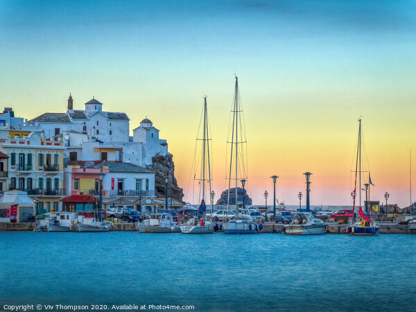 Sunset at Skopelos Harbour Picture Board by Viv Thompson
