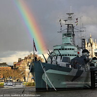 Buy canvas prints of HMS Belfast fires a rainbow. by Paul Clifton