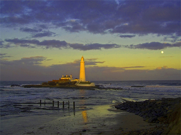 Coast St - Marys Lighthouse sunset moon rise 1  Framed Print by David Turnbull