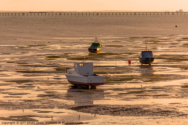 Moored boat illuminated by the rays of the setting sun on the sh Picture Board by Q77 photo