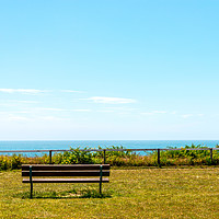 Buy canvas prints of Empty bench on a hill on the ocean shore, green lu by Q77 photo