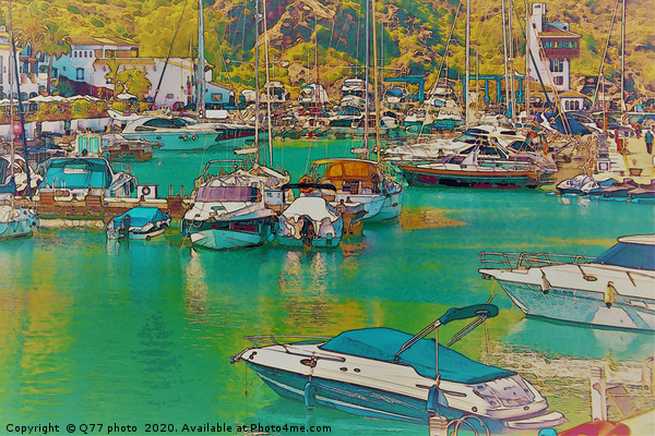 Illustration of a small port with yachts and ships Picture Board by Q77 photo