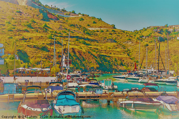 Illustration of a small port with yachts and ships Picture Board by Q77 photo