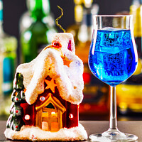 Buy canvas prints of Coctail and beautiful Christmas house, candle, bottle background, xmas set by Q77 photo