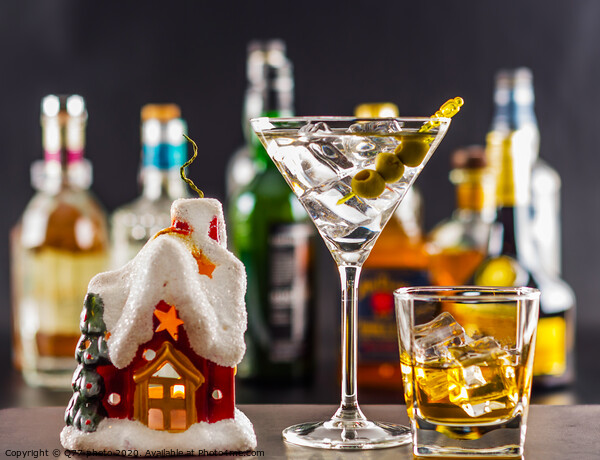Coctail and beautiful Christmas house, candle, bottle background, xmas set Picture Board by Q77 photo