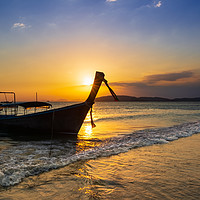 Buy canvas prints of Sunset Scene over sea whit Longtail Boat by Jordan Jelev