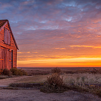 Buy canvas prints of Sunrise over the barn at Thornham Norfolk by David Powley