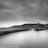 Buy canvas prints of Whitby Piers in Black and White by Phillip Dove LRPS