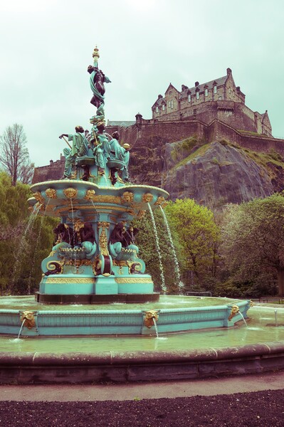 Edinburgh Castle and fountain (vintage) Picture Board by Theo Spanellis