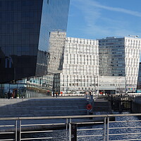 Buy canvas prints of Modern glass buildings, Liverpool by Theo Spanellis