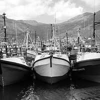 Buy canvas prints of Fishing boats in the port, black&white by Theo Spanellis