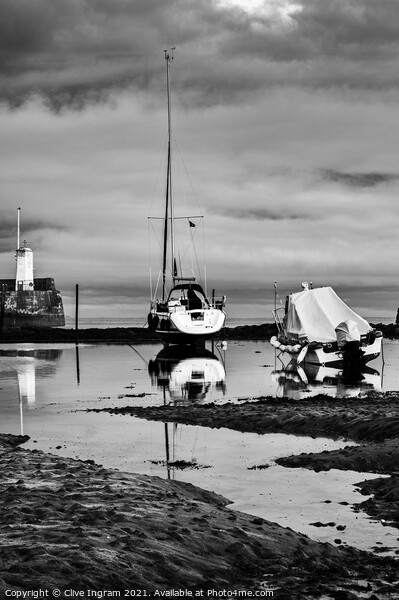 Moody Reflections of Boats in Black and White Picture Board by Clive Ingram