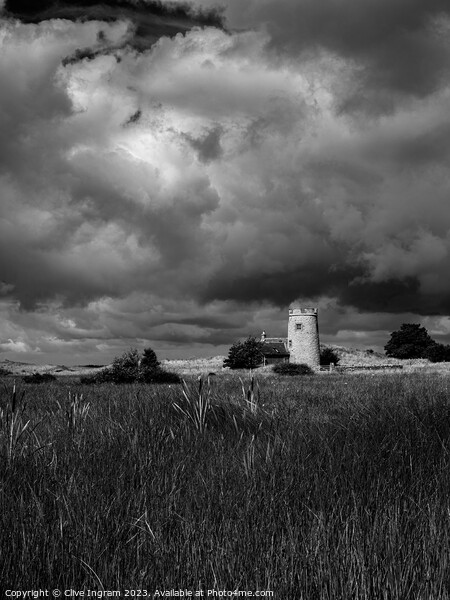 Black and white of the tower at The Snook (Lindisf Picture Board by Clive Ingram