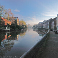 Buy canvas prints of Foggy winter morning in Norwich Quayside by Juha Agren