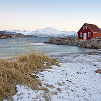 Buy canvas prints of Red Hut by the Sea in Norway by Amanda Hart