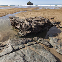 Buy canvas prints of Trebarwith Strand and Gull Rock at low tide, Cornw by Amanda Hart