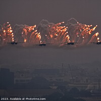Buy canvas prints of SU30MK2 squadron performing tight formation while shooting flares by Thang Nguyen